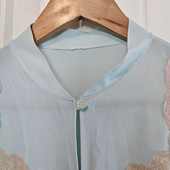 Vintage Lace Robe Womens Size Large 80s Pastel Blue Satin Cottage Romantic Retro - Picture 8 of 11